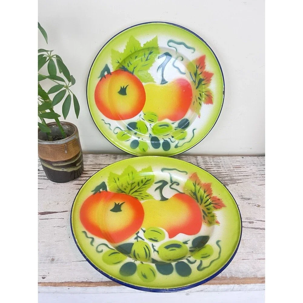 Vintage Graniteware Plates (Set Of 2) Fruit Design Farmhouse Kitchen Decor Retro